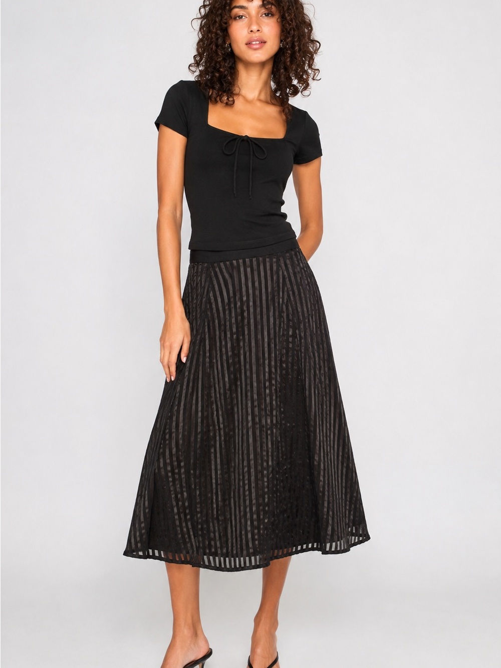 Moussy Shadow Stripe Midi A-Line Skirt Black Size 1 XS